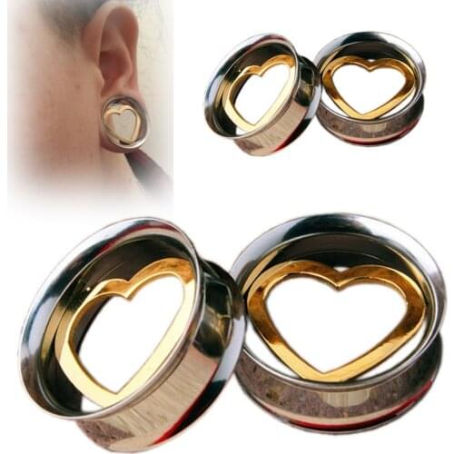 Pair Stainless Steel Ear Tunnel Hollow Heart Ear Plugs and Gauges Flesh Body Jewelry Ear Expander Reamer Piercing 8mm-25mm