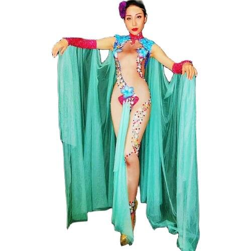 Green Sleeveless Skinny Bodysuits Women Evening Prom Diamonds Inlaid Flower Costume Nightclub DJ Singer Dance Show Stage Wear