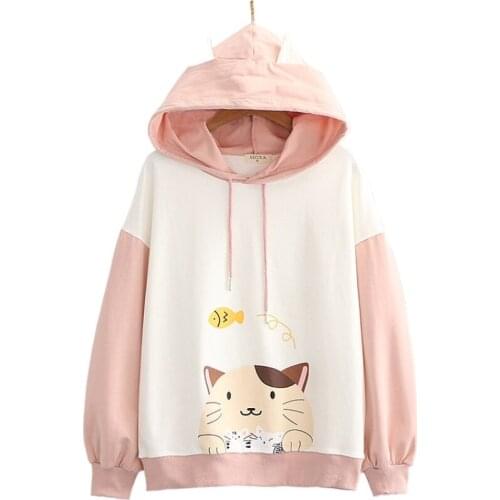 Women Hooded Sweatshirt Harajuku Cartoon Cat Print Kawaii Hoodies Pullover 2020 Autumn Long Sleeve Sweet Style Ladies Tracksuits