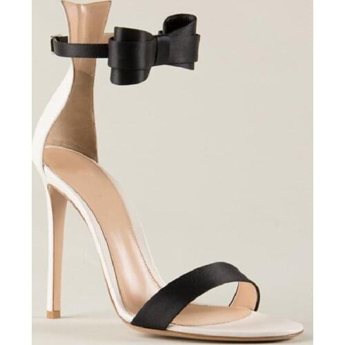 Ladies black Bow one Strap sandals sexy Mixed color open toe thin high heels summer cutout butterfly knot decor Performance shoe