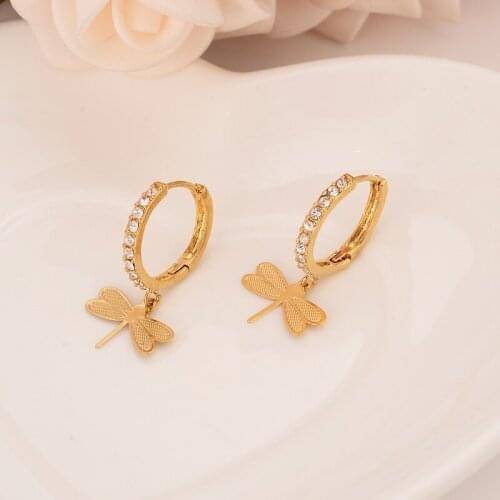 High quality Fashion Gold cz stone Women Drop Earring Dangle Earring Charms cz crystal dragonfly Earrings brincos Vintage girls
