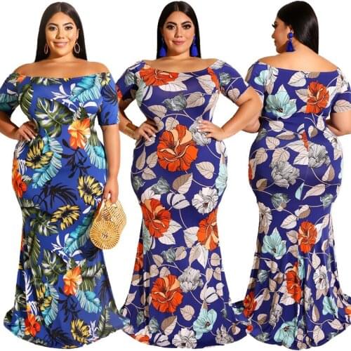 Plus Size Dresses Digital Print Sexy One Word Shoulder Tight Bag Hip Dress Layered Pleated Outer Shoulder Long Dress