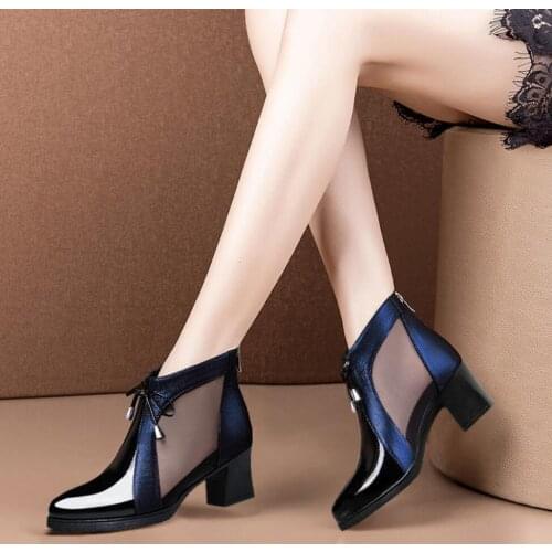 Martin Boots Breathable Mesh Cool Boots Women Square Heels Pumps Women Shoes Naked boot Elegant woman patent leather Office shoe
