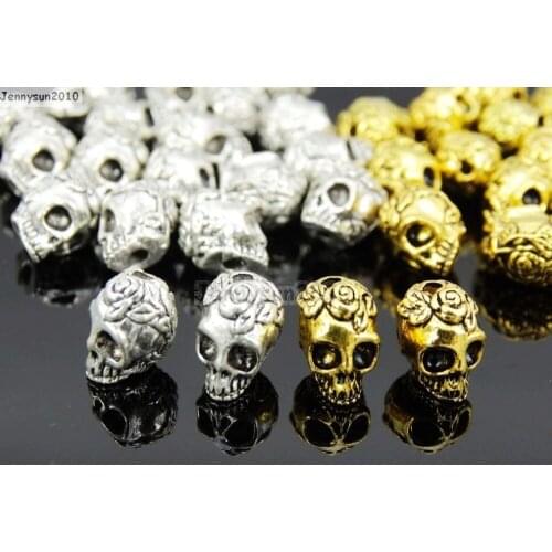 Solid Metal Rose Skull Head Bracelet Necklace Connector Charm Beads Silver Gold 50Pcs/Pack