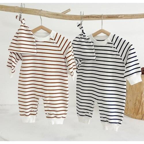 Korean Style Spring Autumn Baby Boys Girls Clothes Newborn Baby Stripe Cotton Long Sleeve Jumpsuit+Hat Toddler Baby Girl Romper