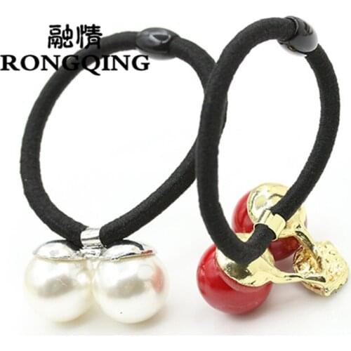 RONGQING Headwear Rhinestone Cherry Hair Ropes Elastic Hair Band Female Headdress Ponytail Holder Fruits Hair Accessories