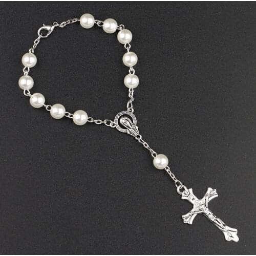 Komi Catholic Rosary White Imitation Pearls Beaded Cross Bracelets Women Christ Jesus Virgin Mary Praying Chains Bracelets R-307