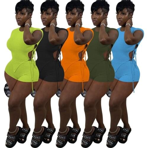 New Fashion Women Two Piece Set Solid Short Sleeve Waist Hollow Out Lace Up Bandage T Short And Biker Shorts Sexy Club Bodycon