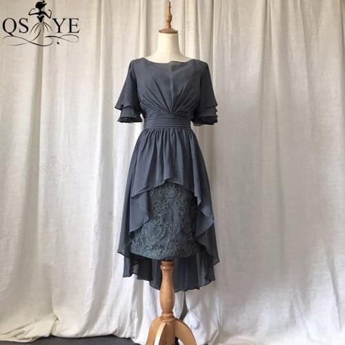 Short Grey Mother of the Bride Dresses Chiffon Bat Sleeves Evening Dress Embroidery Lace Short Mom Prom Dress Ruched Pleat Women