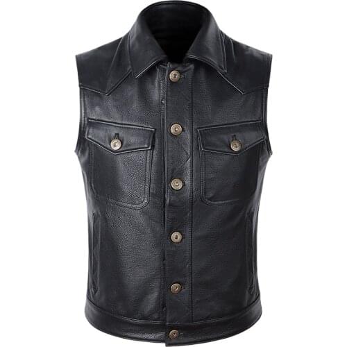 2021 New Black Motorcycle Biker Leather Vest Men Genuine Leather Slim Sleeveless Jackets REAL Cowhide High Quality Vests