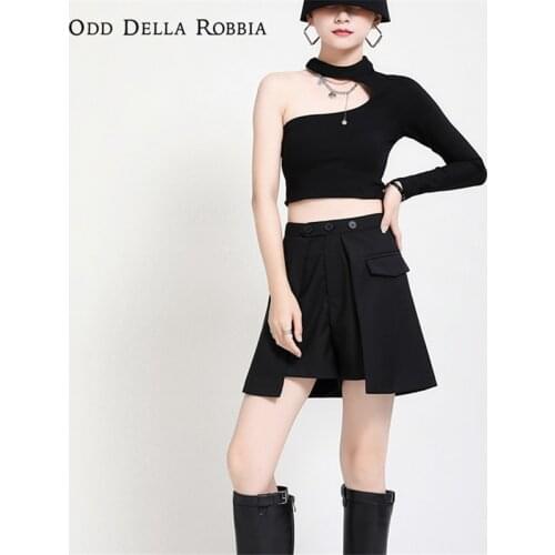 OddDellaRobbia Autumn Women Sexy Bottoming Shirt Velcro Stand Collar Hollow Strapless Asymmetrical Slim Short T-Shirt Top 1631
