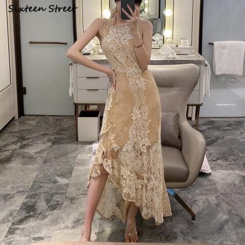 Apricot Lace Party Dresses for Woman Summer Beach Sleeveless High Waist Dress Woman Vestidos Diamond Embroidery Maxi Dress Lady