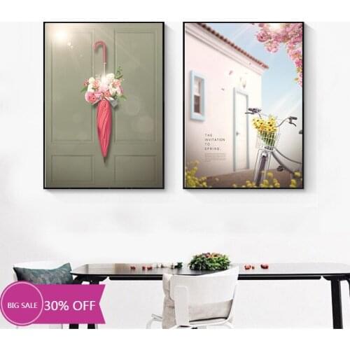 Christmas Decoration Canvas Painting Posters Bicycle and Pink Umbrella and Flowers Wall Art Picture Home Decor