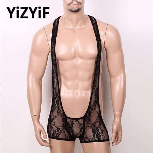 Sexy Bodysuit Mens One-piece Leotard Bodysuit See Through Sheer Lace Open Butt Wrestling Singlet Men Erotic Underwear Nightwear