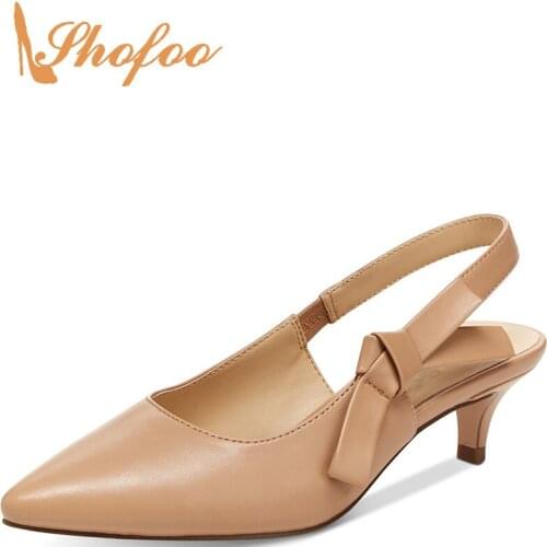Nude Snakeskin Butterfly-Knot Slingback Pumps Woman Low Kitten Heels Pointy Toe Large Size 31 36 Female Dress Shoes Mature Sweet