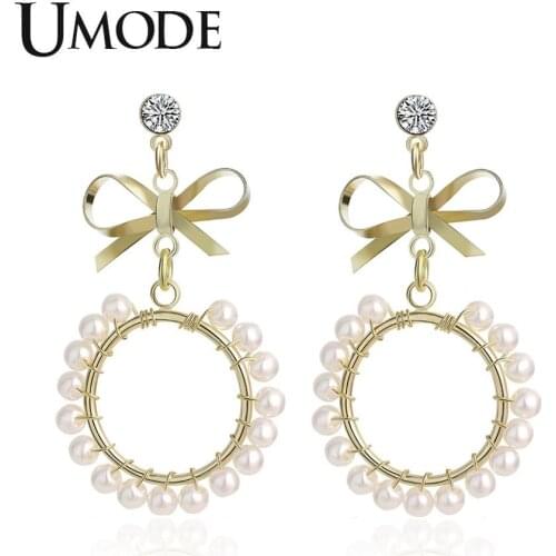 UMODE New White Simulated Pearl Bowknot Drop Earrings for Women New Gold Color CZ Crystal Jewelry with Circle Drops AUE0500