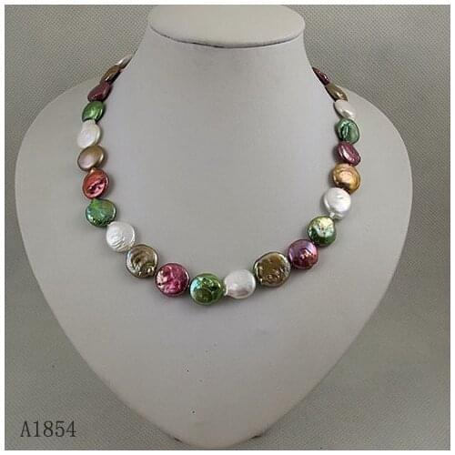 Unique Pearls jewellery Store,AA 13-14MM Coin Multicolor Freshwater Pearl Necklace,Perfect Women Wedding Birthday Gift