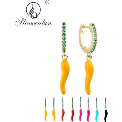 Slovecabin 925 Sterling Silver Zircon Yellow Chili Pendant Drop Earring For Girl Christmas Gift Cute Green Crystal Plant Jewelry
