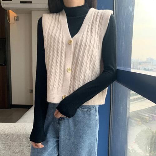 2021 Spring Autumn Women Knitted Solid Sweater Top Female Sleeveless Sweater Loose Vests Ladies V-Neck Vintage Jumper Tops Q4