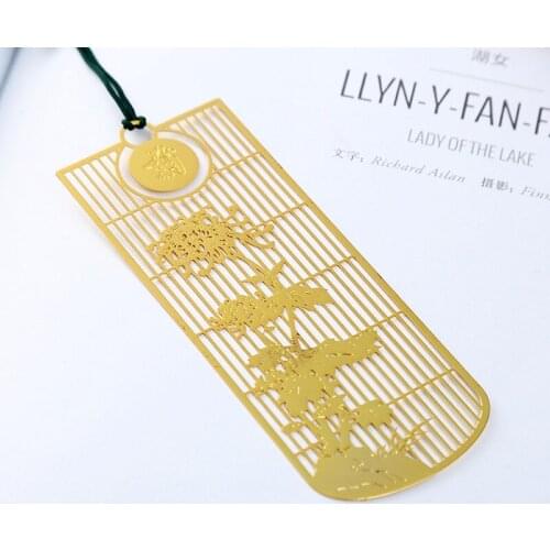 2pc Chinese Style Bookmark Plum Orchid Bamboo Chrysanthemum Page Folder Pendant Metal Jewelry Hollow Golden Book Mark Stationery