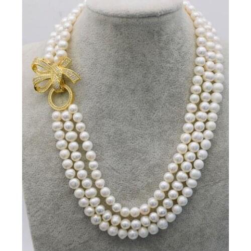 Good Natural 3rows freshwater white pink black pearl near round 8-9mm pearls 18-20" with zircon clasp necklace