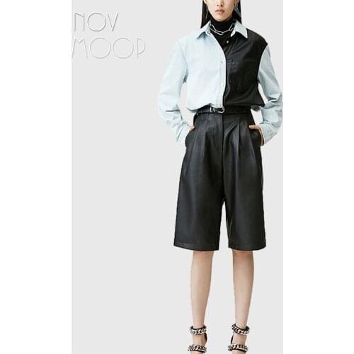 Novmoop genuine leather women wide leg shorts sheepskin solid color safari chic smart casual french style pantalones LT3536