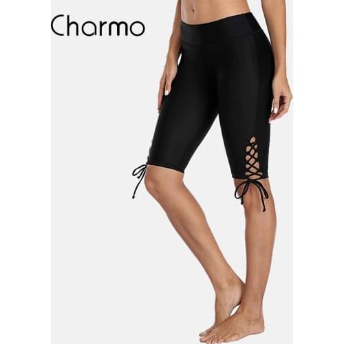 Charmo Womens Swim Shorts Lace Up Long Board Shorts High Rise Swimsuit Bottoms Swim Capris