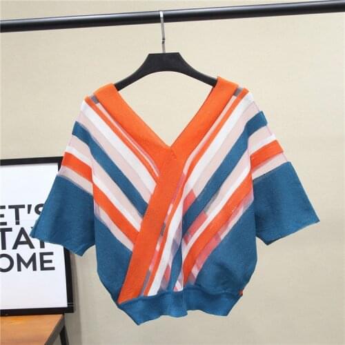 V-neck Bat Sleeve Ice Silk Knitted Sweater Women Thin Striped Contrast Color Sleeves Stretch Sweater Pullover Female Spring 2020