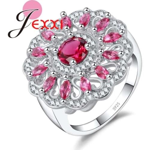 Fashion Red & White CZ Crystal Hollow Flower Design Rings 925 sterling-silver-jewelry for Women Wedding Finger Jewelry