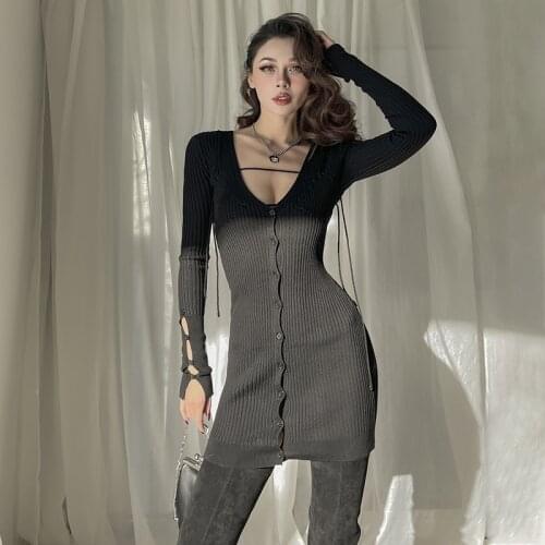 2021 Spring Solid Sexy V-neck Long Sleeve Collect Waist Wrap Hip Elastic Knited Dress Fashion Casual Vintage Slim Dresses Women