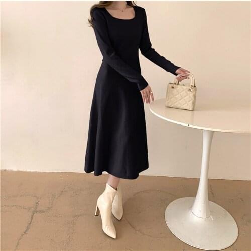 2021 Spring Fashion Womens Knit Dresses Casual Long Sleeve Square Collar Vestidos Ladies Solid Party Dress