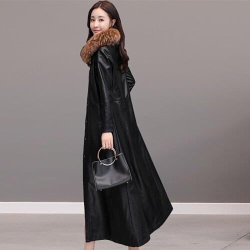 Winter Leather Jacket Women Clothes 2020 Korean X-long Faux Leather Coat + Real Raccoon Fur Ladies Chaqueta Mujer LW1123