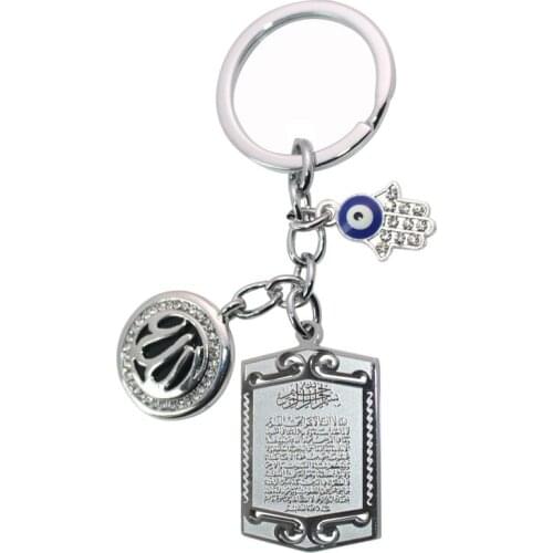 Zkd Turkish evil eye hamsa hand of fatima Allah AYATUL KURSI stainless steel key chains islam muslim key ring