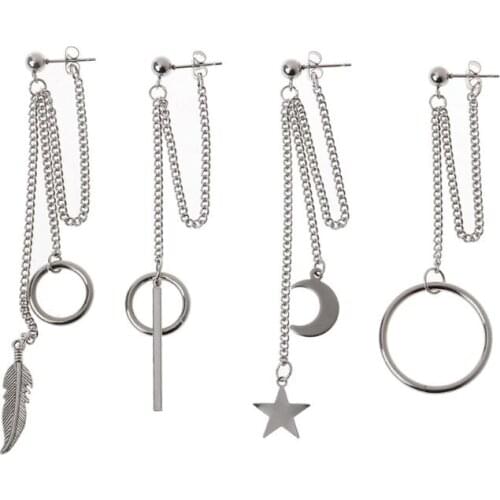 1Pc Titanium Moon Star Leaf Pendant Double Chain Drop Earring Korean Jewelry