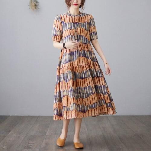 2021 New Arrival Short Sleeve Loose Summer Dress Print Floral Cotton Linen Vintage Dress Plus Size Women Travel Casual Dress