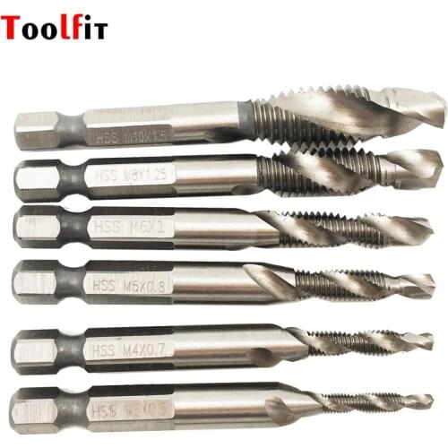 6pcs Composite Tap Drill Bit Thread Spiral Screw Tap Center Drill Bits Hex HSS Shank 1/4'' Hand Tap Power Tool M3-M10