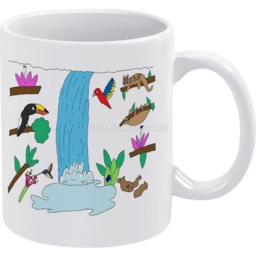 Animals White Mug Ceramic Mug Creative Mug Ocelot Macaw Capybara Waterfall Rainforest Hummingbird Sloth Toucan