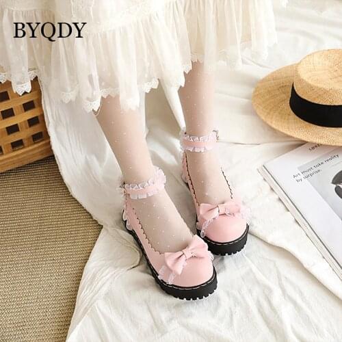 BYQDY Sweet Lolita Princess Pumps Cute Pink Bow Mary Janes Shoes Buckle Strap Round Head Japan College Women Pumps Props Big 43