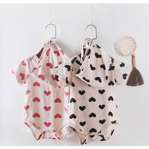 Summer Baby Bodysuits Infant Baby Girl Lovely Heart Printing Short Sleeve with Hat One-piece Pure Cotton Suit Baby Girl Clothes
