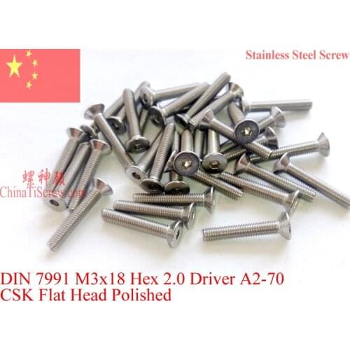 DIN 7991 Stainless Steel screws M3x18 Flat Head Hex Driver A2-70 Polished ROHS 100 pcs