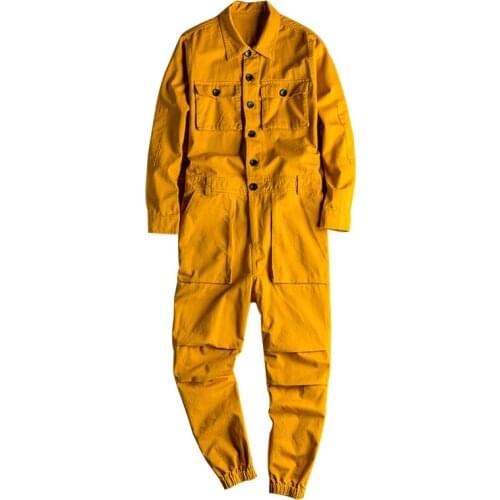 New Loose Overalls Mens Jumpsuit Long Sleeve Lapel Beam Feet Cotton Hip Hop Cargo Pants Green Black Yellow Workwear Trousers