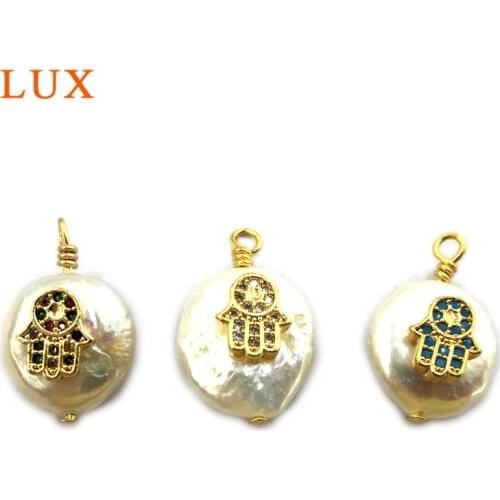 LUX Natural micro cubic zirconia paved Pearls hamsa palm pendant CZ Pave colorful Gems stone Boho hand connector for DIY Making
