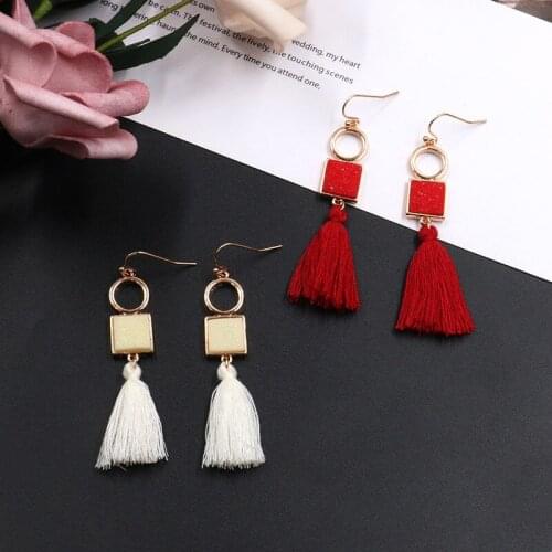 Fashion Simple Geometric Square Red Tassel Earrings