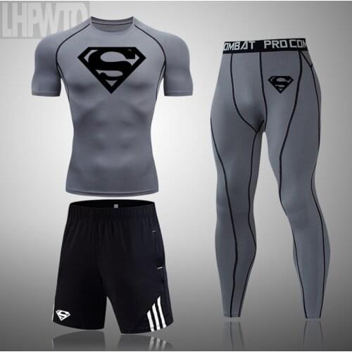 Dry Fit Mens Training Sportswear Set Gym Fitness Compression Short Sleeve T-Shirt Sport Suit Jogging Tight Wear Clothes Male