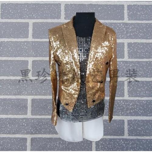 Gold men tuxedo suits designs masculino terno stage costumes for singers men sequin blazer dance clothes jacket star style dress