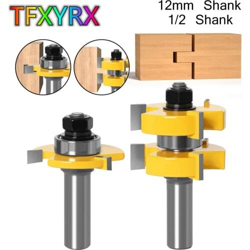 2pcs 12mm 1/2 Inch Shank 3 Flutes T-slot Router Bit Set Tougue&Groove Joint Milling Cutters for Wood Woodworking Tools