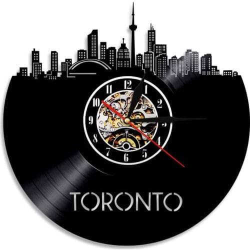 Ontario Cityscape Toronto Vinyl Record Wall Clock Canada Landmark Skyscrapers Skyline Laser Cut Music Album Silent Quartz Clock