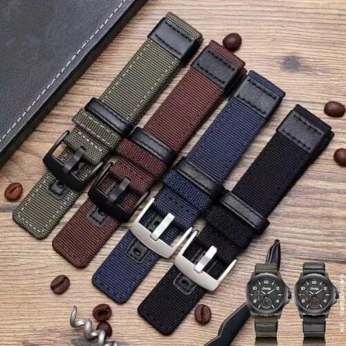 Nylon Canvas with Genuine Leather Trim Watch Strap 20mm 22mm 24mm Universal Watch Band Wrist Bracelet Black Steel Clasp