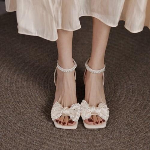 One Word Buckle Ladies Sandals Summer New Sweet Bow Knot Temperament Square Toe Mid-Heel Sandals