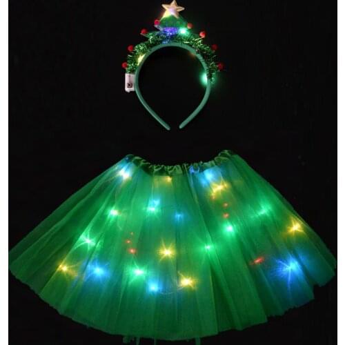 Girls Kids LED Glow Light Tutu Skirt Wedding Party Headband Christmas Tree Headband Birthday Gift Christmas New Year 2-8 Years